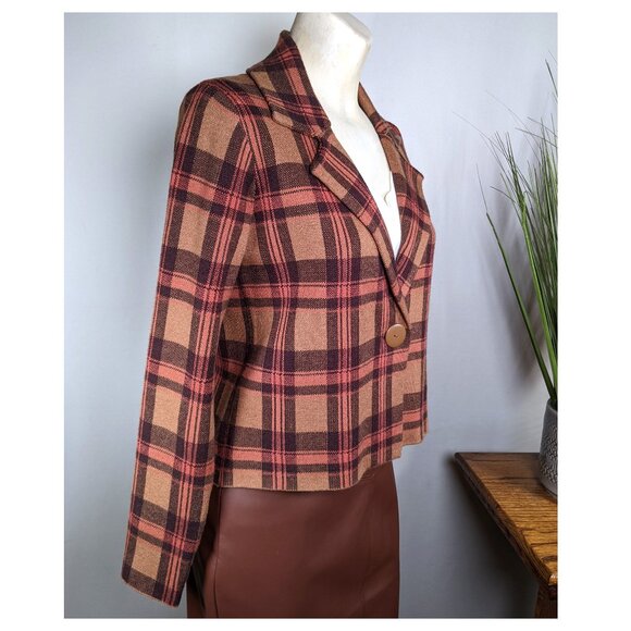 TAHARI Burnt Orange Plaid Semi Crop Cropped Sweater Blazer Jacket Wm Sz S NWOT - Picture 3 of 8